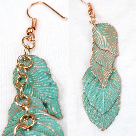 Faux Patina Leaf Drop Earrings NWOT - Picture 4 of 7